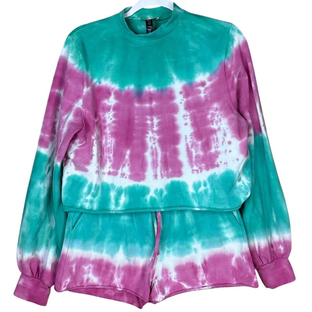 Beach Riot x Revolve Ava Sweatshirt High Rise Shorts Tie Dye Teal Azalea Small